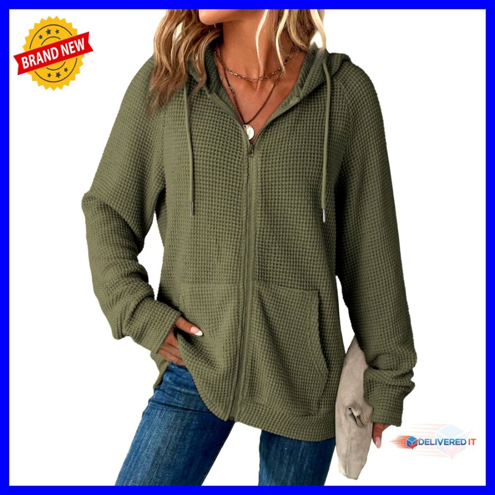 Waffle Knit Zip Hoodie Long Sleeve Relaxed Fit Casual Sweatshirt